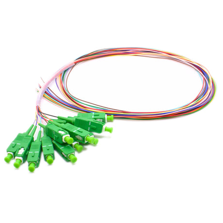 A 1-meter fiber optic pigtail with SC APC connectors and color-coded fibers for easy identification and splicing.