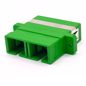 A green SC/APC to SC/APC Duplex OS2 Single Mode Fiber Optic Coupler with Flange.