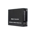 A black SFP Media Converter box with text detailing the product's function and compliance with networking standards.