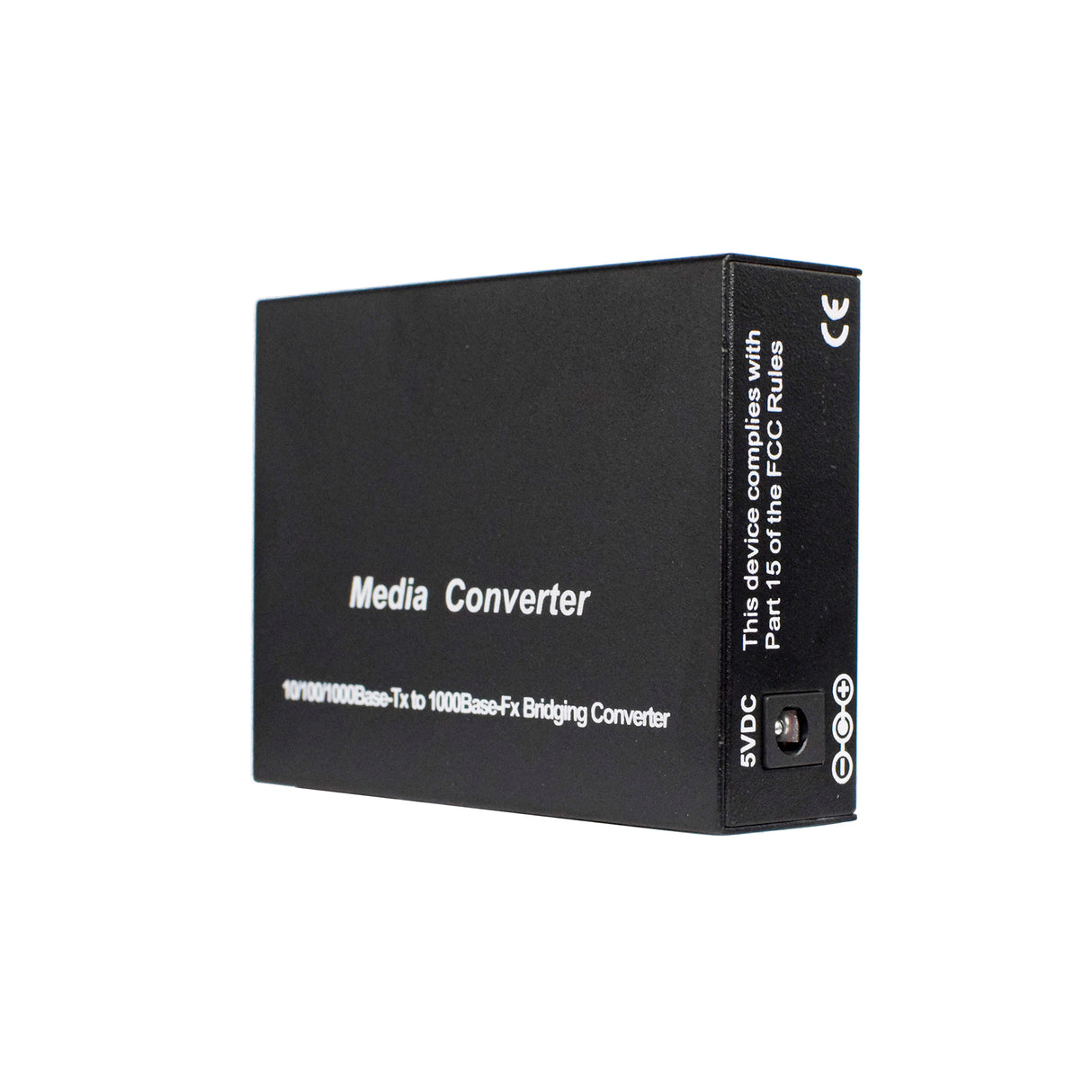 A black SFP Media Converter box with text detailing the product's function and compliance with networking standards.