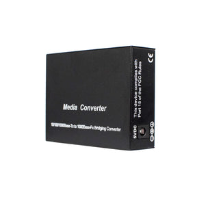 A black SFP Media Converter box with text detailing the product's function and compliance with networking standards.