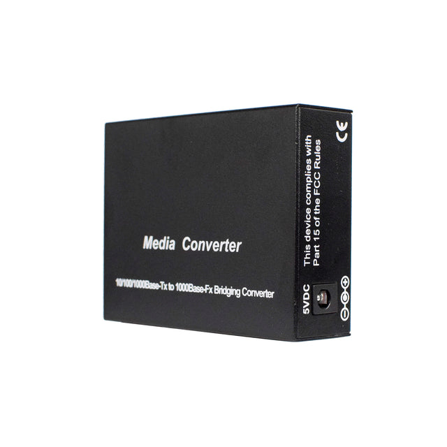 A black SFP Media Converter box with text detailing the product's function and compliance with networking standards.