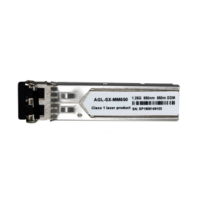 A single mode SFP module with part number AGL-SX-MM55G, displaying specifications such as 1310nm and 10km on its label.