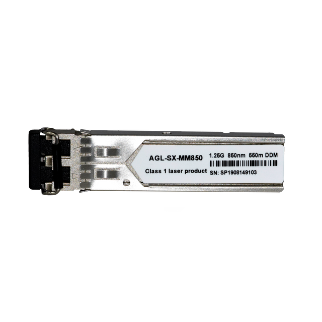 A single mode SFP module with part number AGL-SX-MM55G, displaying specifications such as 1310nm and 10km on its label.