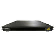 Black sliding 1U Fiber Patch Panel with a yellow warning label on a white background