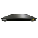 Black sliding 1U Fiber Patch Panel with a yellow warning label on a white background