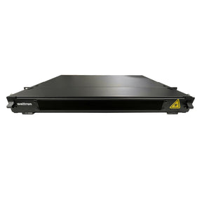 Black sliding 1U Fiber Patch Panel with a yellow warning label on a white background