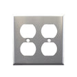 Metallic double electrical outlet cover on a white background