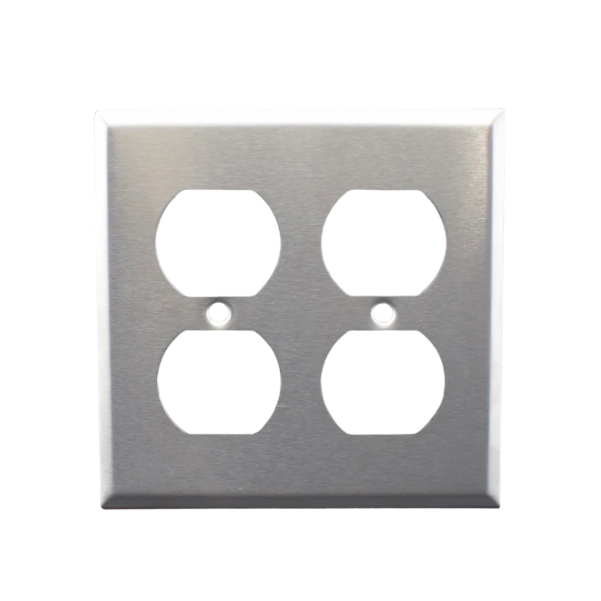 Metallic double electrical outlet cover on a white background