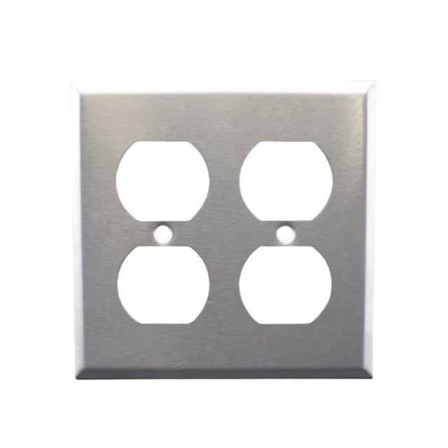 Metallic double electrical outlet cover on a white background