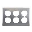 Metallic electrical outlet cover with five black sockets on a white background