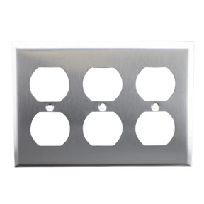 Metallic electrical outlet cover with five black sockets on a white background