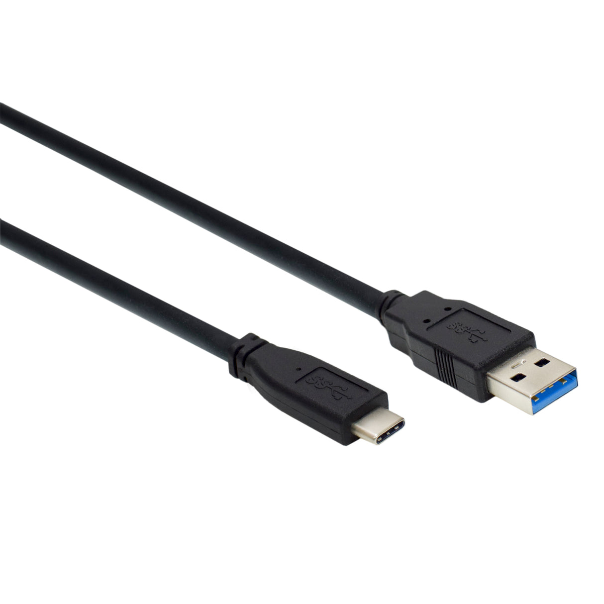 A black USB 3.0 A male to USB-C 3.1 cable with connectors on both ends.