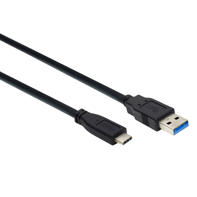 A black USB 3.0 A male to USB-C 3.1 cable with connectors on both ends.