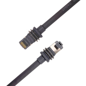 Black Ethernet cable with connectors on a white background